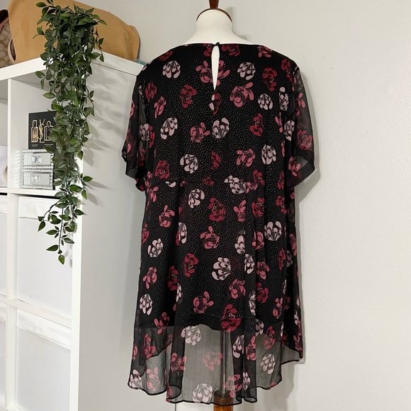 Vince Camuto Sheer Black Pink‎ Floral Tunic Blouse Sparkle Dots Short Sleeve - Picture 3 of 11
